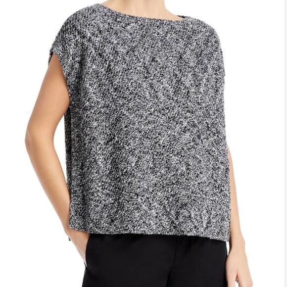 Eileen Fisher White Black Pointelle Linen Blend Bateau Neck Sweater Top Small - Picture 2 of 12